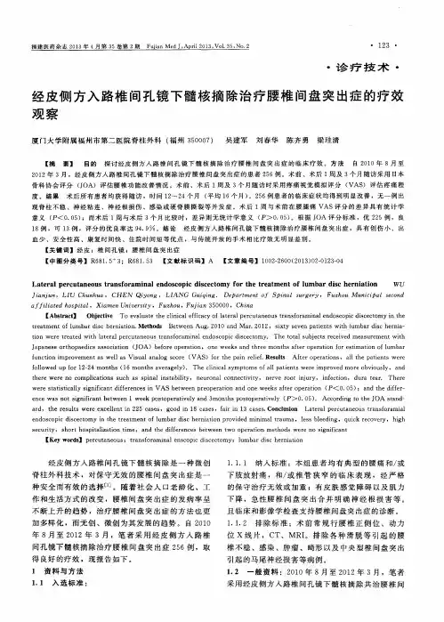 经皮侧方入路椎间孔镜下髓核摘除治疗腰椎间盘突出症的疗效观察