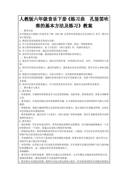 人教版六年级音乐下册《练习曲孔竖笛吹奏的基本方法及练习》教案