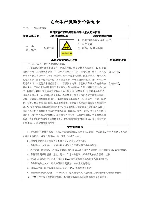 安全生产风险岗位告知卡(车辆驾驶员)