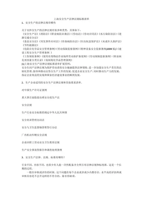 上海安全生产法律法规标准清单安全生产