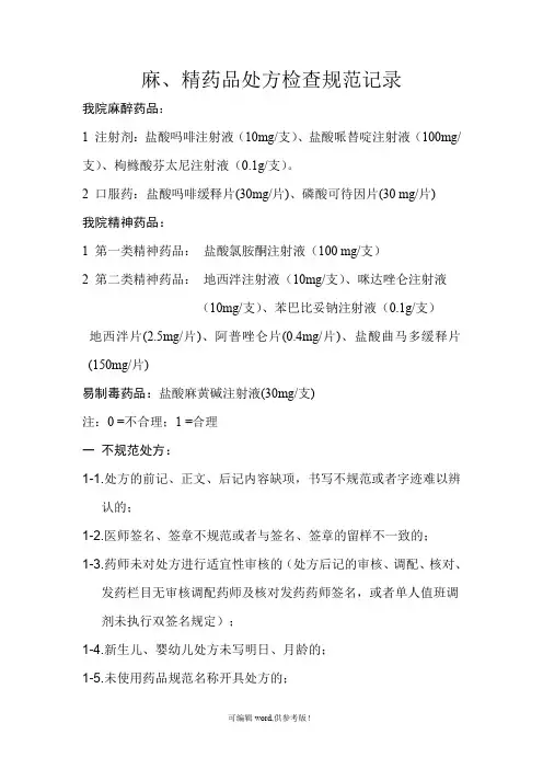麻、精药品处方检查表