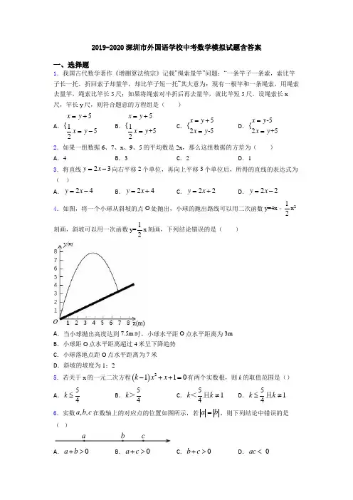2019-2020深圳市外国语学校中考数学模拟试题含答案