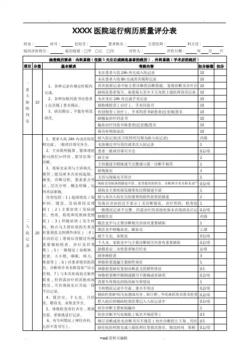 最新版医院运行病历质量评分表