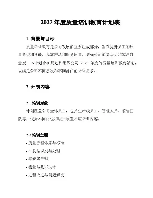 2023年度质量培训教育计划表