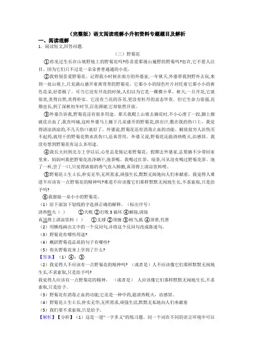 (完整版)语文阅读理解小升初资料专题题目及解析