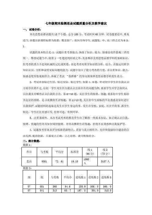 思想品德学科质量分析报告