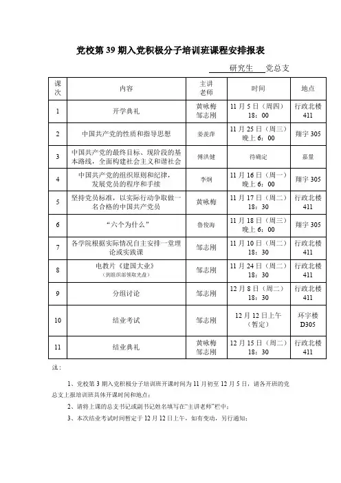 党校第39期入党积极分子培训班课程安排报表(精)