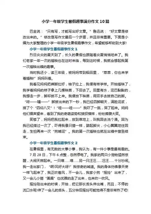 小学一年级学生暑假趣事满分作文10篇