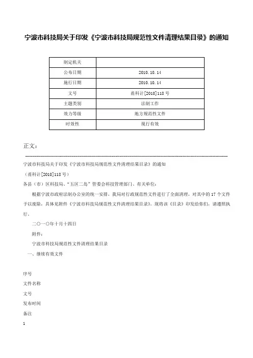 宁波市科技局关于印发《宁波市科技局规范性文件清理结果目录》的通知-甬科计[2010]118号