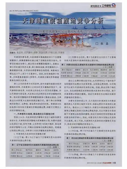 天津港集装箱腹地竞争分析——基于铁路集疏运运费比较角度
