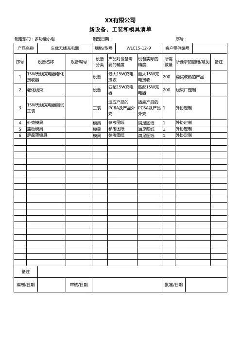 新设备、工装和模具清单