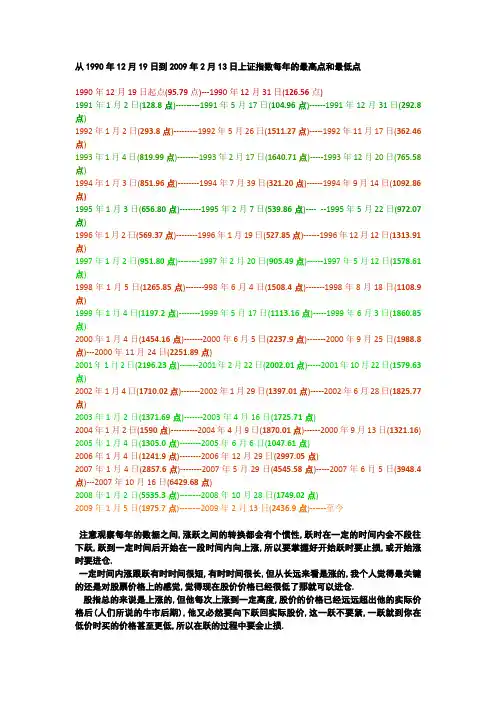从1990年12月19日到2009年2月13日上证指数每年的最高点和最低点