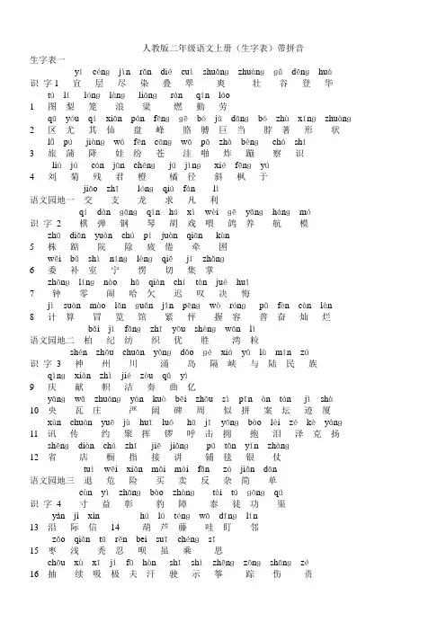 人教版二年级语文上册(生字表)带拼音