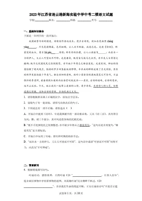 2023年江苏省连云港新海实验中学中考二模语文试题(含解析)