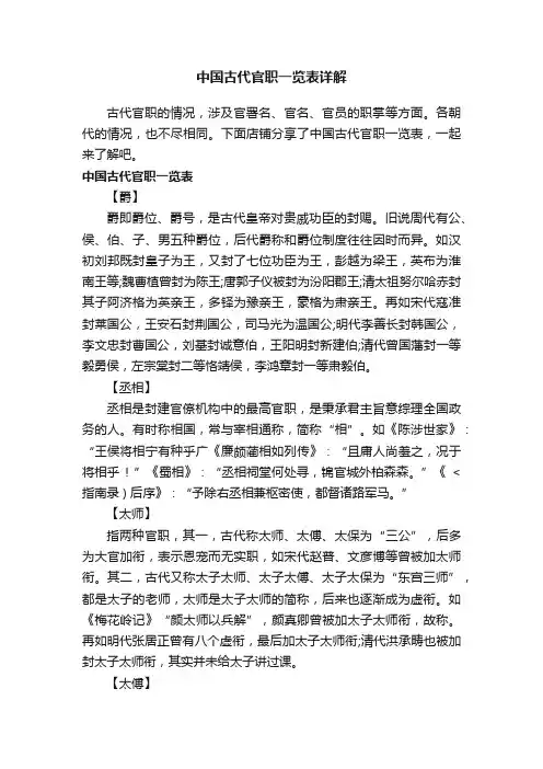 中国古代官职一览表详解