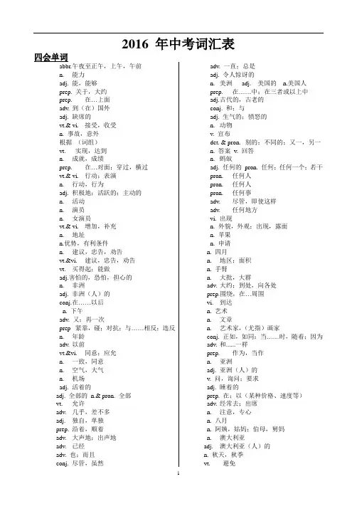 2016年苏州市中考英语词汇表(默写版)