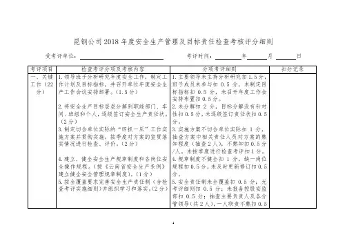 昆钢公司2018年度安全生产管理及目标责任检查考核评分细则