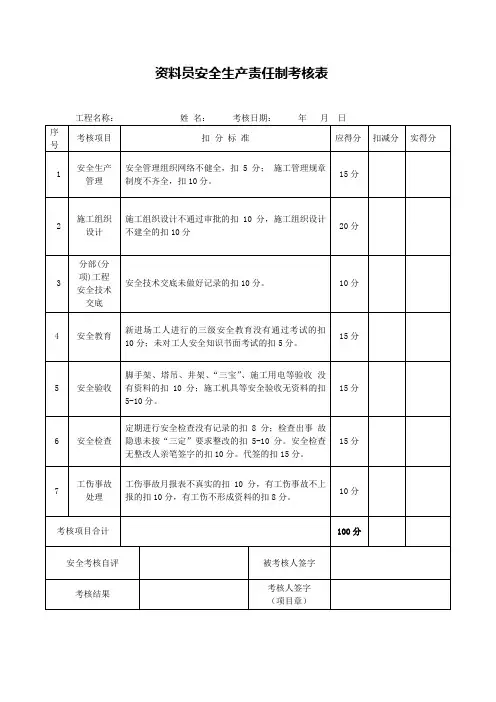 资料员安全生产责任制考核表