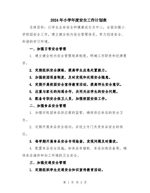 2024年小学年度安全工作计划表
