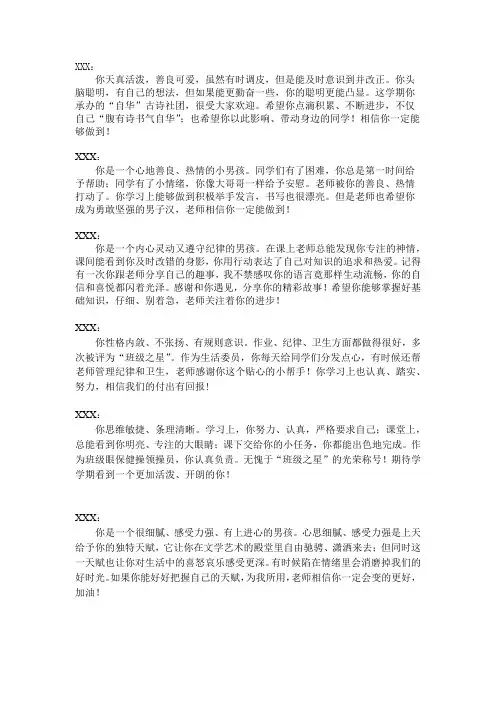 班主任给学生写的操行评语