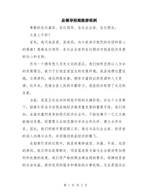 县领导招商致辞范例