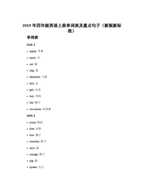 2019年四年级英语上册单词表及重点句子(新版新标准)