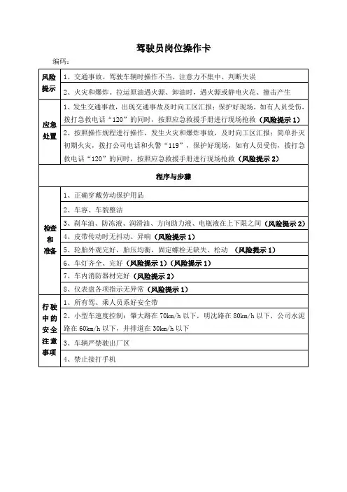 驾驶员岗位操作卡