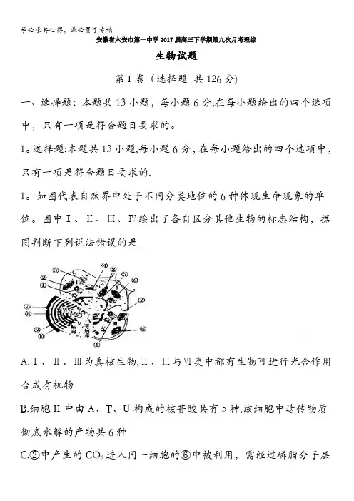 安徽省六安市第一中学2017届高三下学期第九次月考理科综合试题含答案