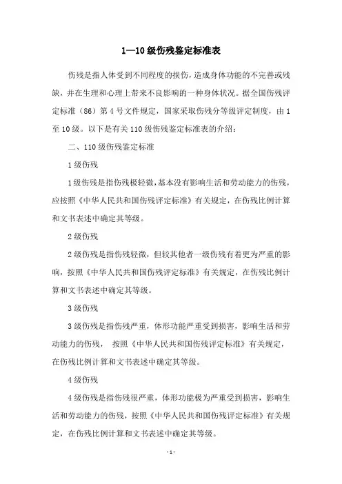 1—10级伤残鉴定标准表