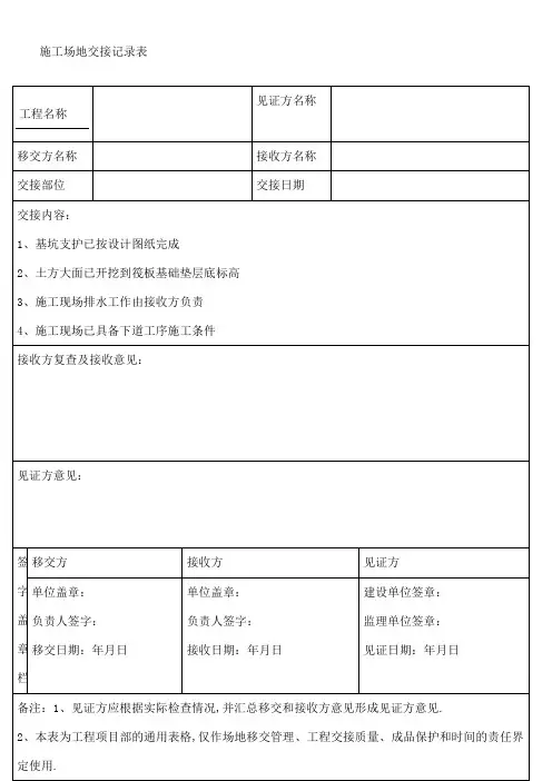 现场施工场地移交表格