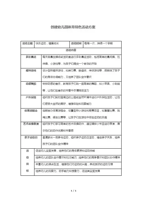 创建幼儿园体育特色活动方案