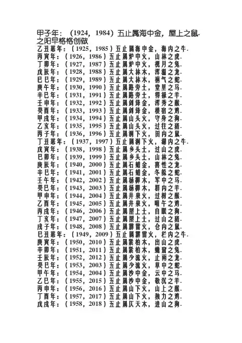 五行属相以及生肖属相年份对照表