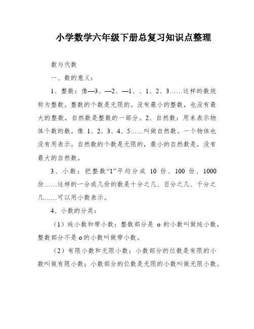 小学数学六年级下册总复习知识点整理