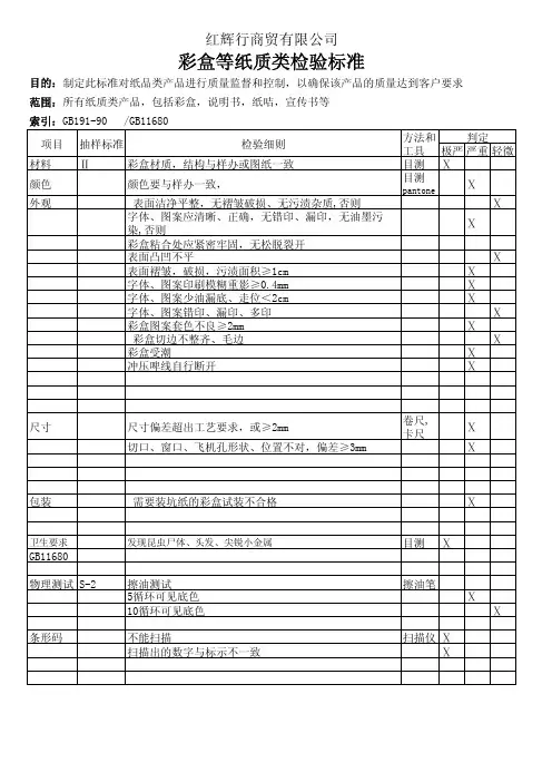 彩盒纸类质量检验标准