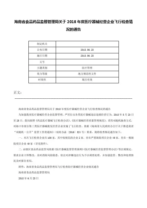 海南省食品药品监督管理局关于2018年度医疗器械经营企业飞行检查情况的通告-