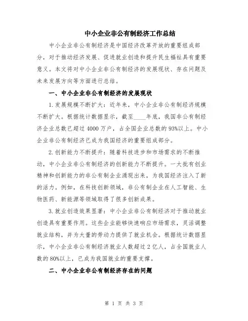 中小企业非公有制经济工作总结