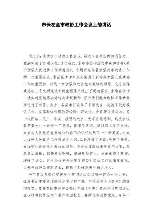 市长在全市政协工作会议上的讲话