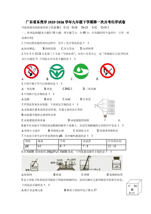 广东省东莞市2023-2024学年九年级下学期第一次月考化学试卷(含答案)