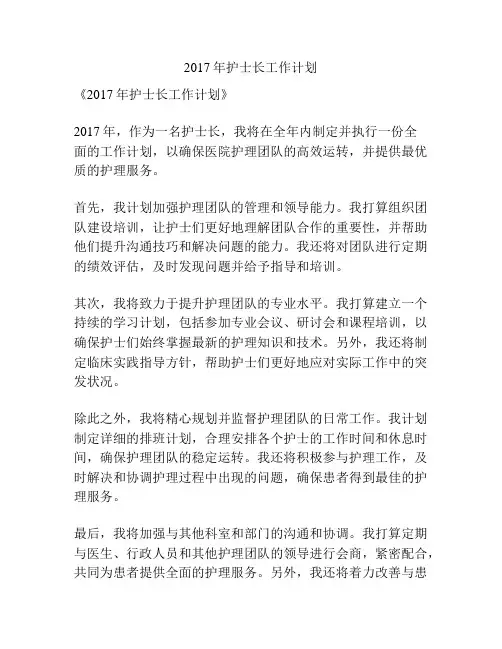 2017年护士长工作计划