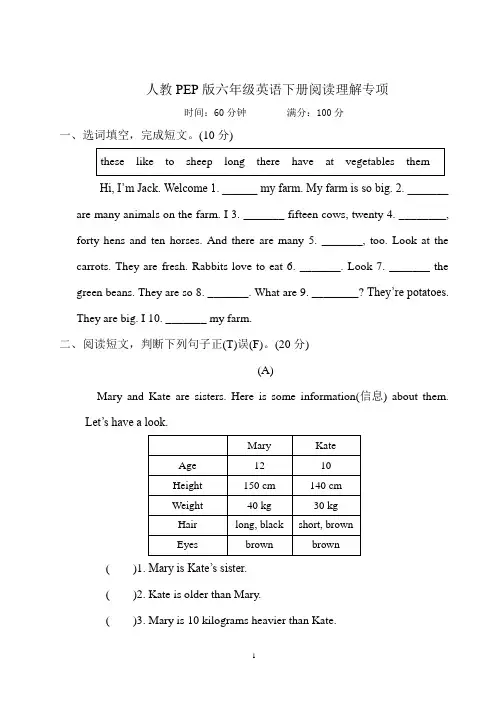 人教PEP版六年级英语下册阅读理解专项含答案