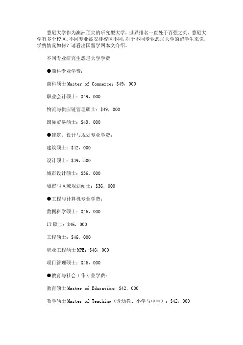 最新研究生悉尼大学留学费用一览