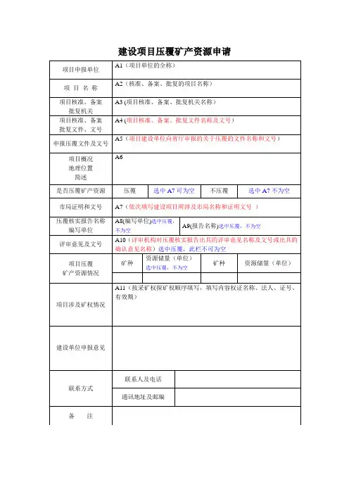 建设项目压覆矿产资源申请表
