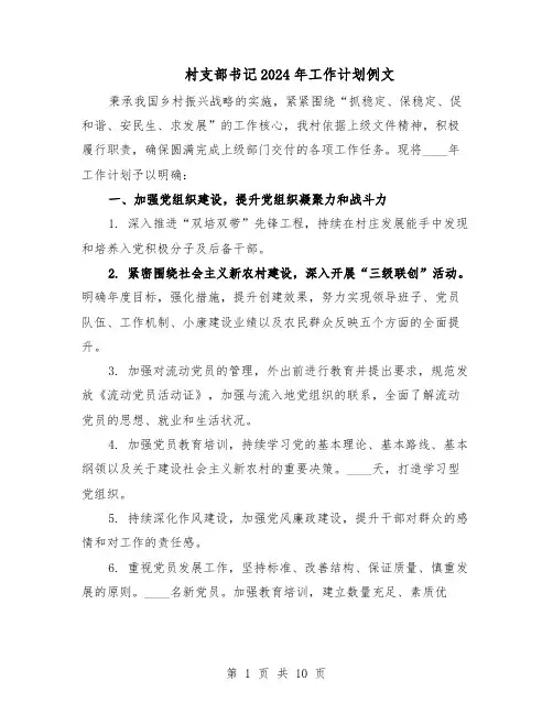 村支部书记2024年工作计划例文（四篇）
