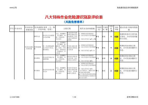 八大特殊作业危险源识别及评价表(风险危害清单,45页)