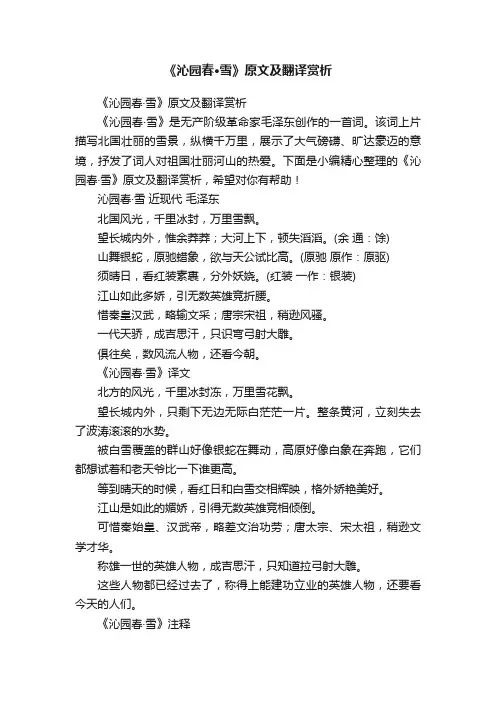 《沁园春·雪》原文及翻译赏析