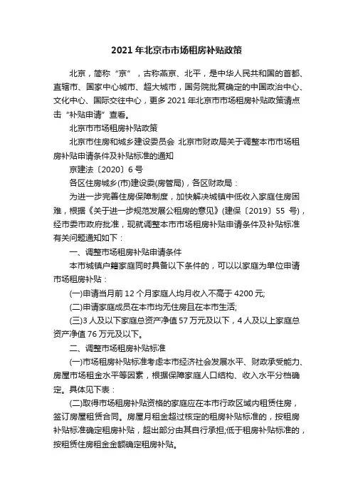2021年北京市市场租房补贴政策