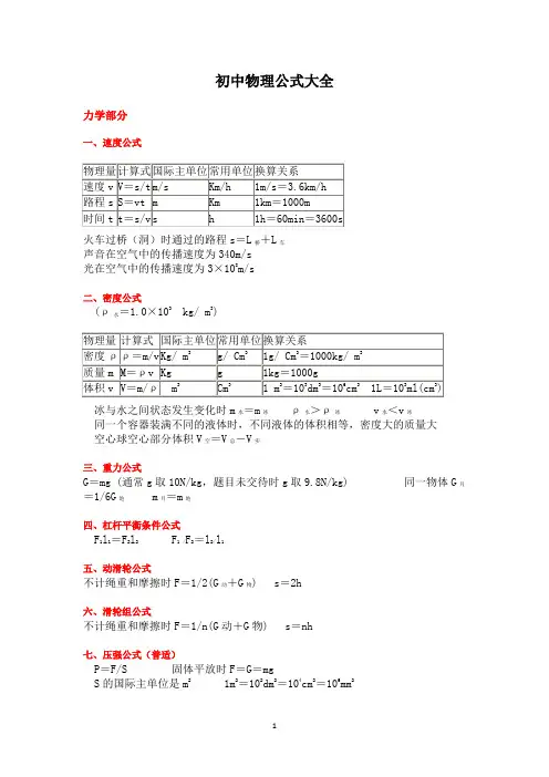 初中物理公式大全