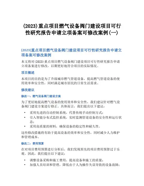 (2023)重点项目燃气设备阀门建设项目可行性研究报告申请立项备案可修改案例(一)