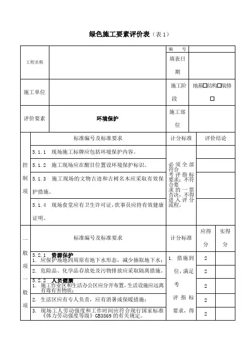 绿色施工要素评价表