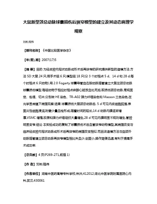 大鼠新型颈总动脉球囊损伤后狭窄模型的建立及其动态病理学观察